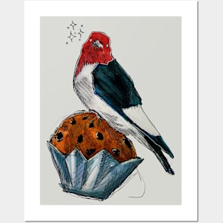 Bakery Birds: Red Headed Woodpecker on Chocolate Chip Muffin Posters and Art